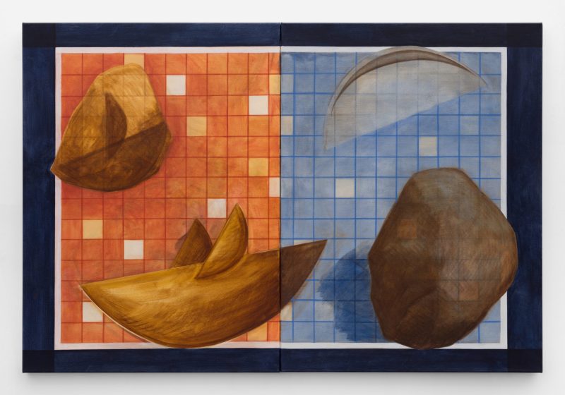 Martin George 'Boat & rock duo' 2025 acrylic on cotton canvas; two panels 102 x 151 cm $4,500