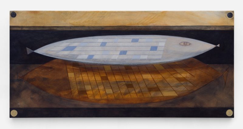 Martin George 'Boatbuilder' 2024 acrylic on cotton canvas 76 x 161 cm $4,000