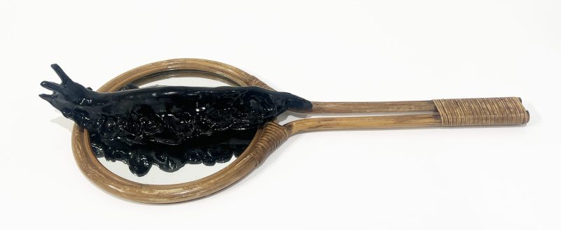 Tai Snaith 'Flotilla (there’s no dignity in haste) 1' 2025 glazed black midfire ceramic and vintage mirror 53 x 23 x 8 cm $880