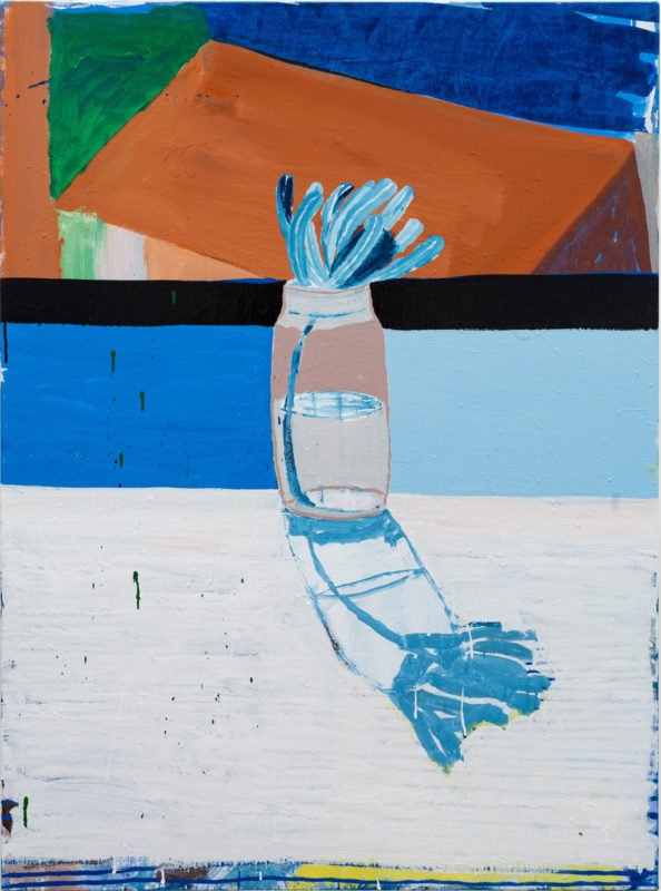 11. Sally Anderson 'Contained banksia with rooftop view and the blues' 2022 acrylic on polycotton 137 x 120 cm