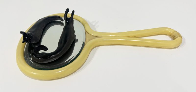 Tai Snaith 'Flotilla (there’s no dignity in haste) 12' 2025 glazed black midfire ceramic and vintage mirror 31 x 18 x 5 cm $550