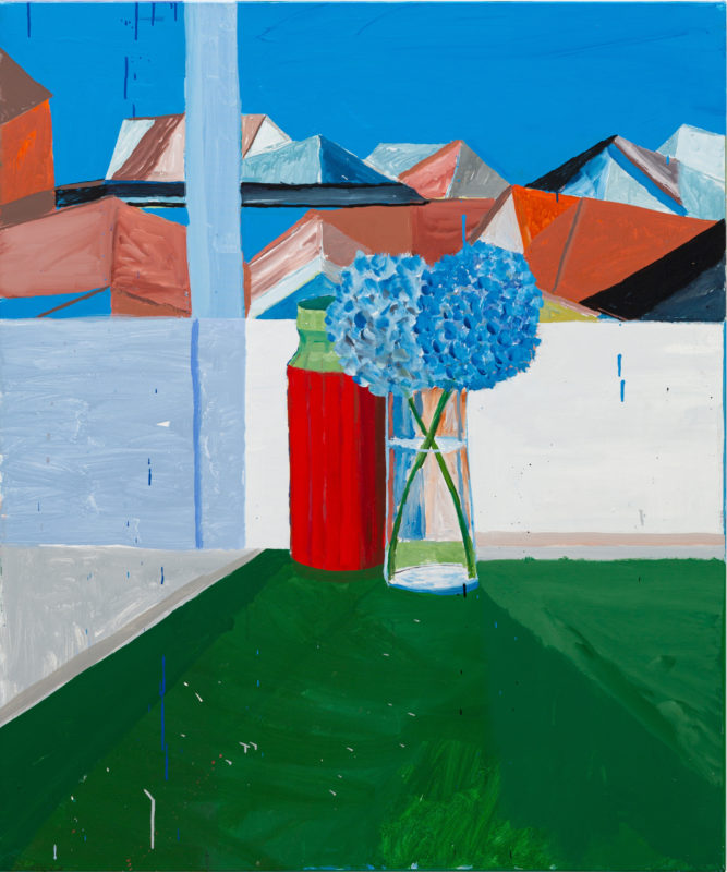12. Sally Anderson 'Housing hydrangeas with a vase for Jude' 2022 acrylic on polycotton 122 x 110 cm