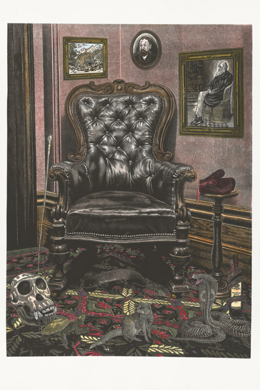 Rew Hanks 'Krefft's chair' 2022 hand coloured linocut, edition of 8 + 2AP 102 x 76 cm $4,000 unframed / $4,900 framed