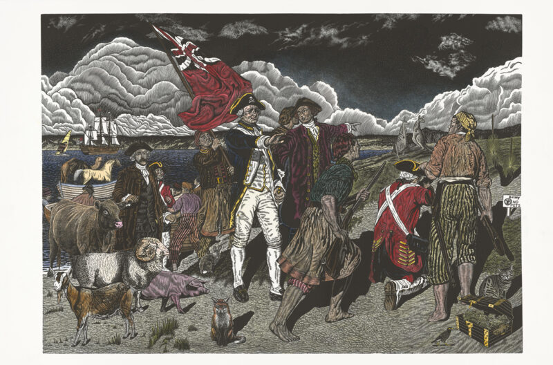 Rew Hanks '"Stop! There's no need to shoot the natives"' 2022 hand coloured linocut, edition of 8 + 2AP 75 x 106 cm $4,000 unframed / $4,900 framed