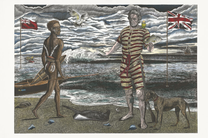 Rew Hanks 'Fish between the flags' 2023 hand coloured linocut, edition of 8 + 2AP 106 x 75 cm $4,000 unframed / $4,900 framed