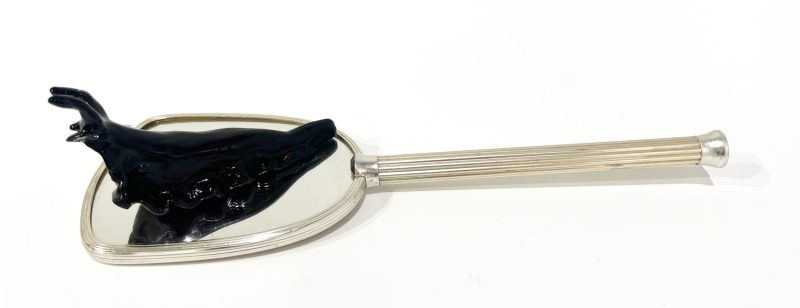 Tai Snaith 'Flotilla (there’s no dignity in haste) 22' 2025 glazed black midfire ceramic and vintage mirror 27 x 9 x 6 cm $330