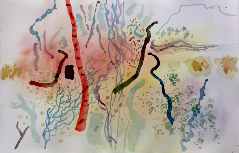 Guy Warren 'Forest masks' 2021 watercolour, framed 38 x 58 cm