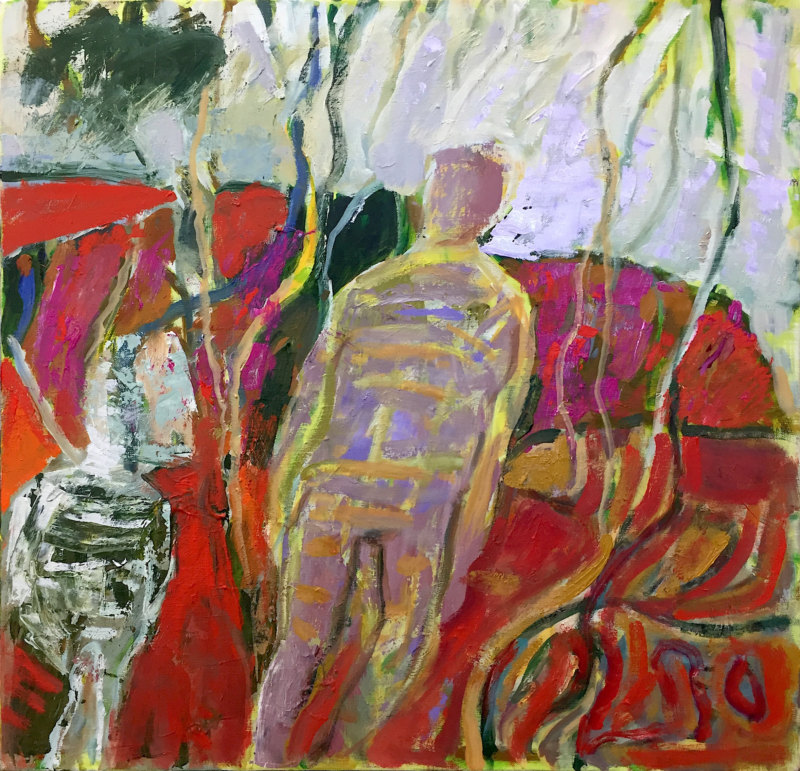 Guy Warren 'Figures in a red land' 2021 oil and acrylic on canvas 67 x 67 cm