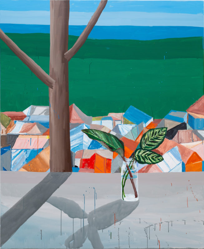 5. Sally Anderson 'A sea of rooftops, tree and still life' 2022 acrylic on polycotton 168 x 137 cm