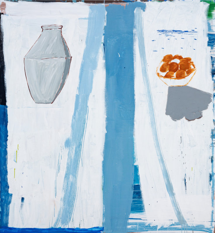 1. Sally Anderson 'Sea through supported waterfall, bowl holding oranges, vessel' 2022 acrylic on polycotton 183 x 167 cm