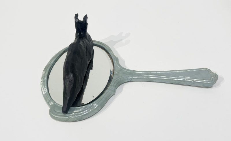 Tai Snaith 'Flotilla (there’s no dignity in haste) 6' 2025 glazed black midfire ceramic and vintage mirror 29.5 x 20 x 7.5 cm $770