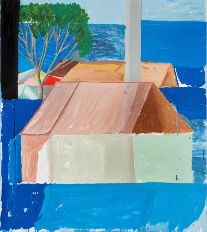 9. Sally Anderson 'Potential home with tree and sea view before and after Lismore flood' 2022 acrylic on polycotton 153 x 137 cm