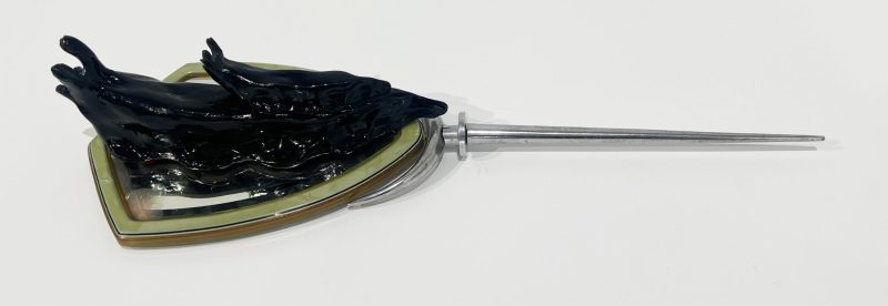 Tai Snaith 'Flotilla (there’s no dignity in haste) 9' 2025 glazed black midfire ceramic and vintage mirror 37 x 12.5 x 6 cm $770
