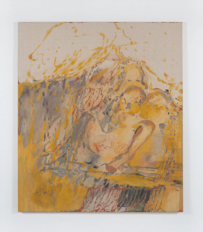 Amber Wallis 'Gentle yellow threeway' 2021 oil on linen 150 x 130 cm