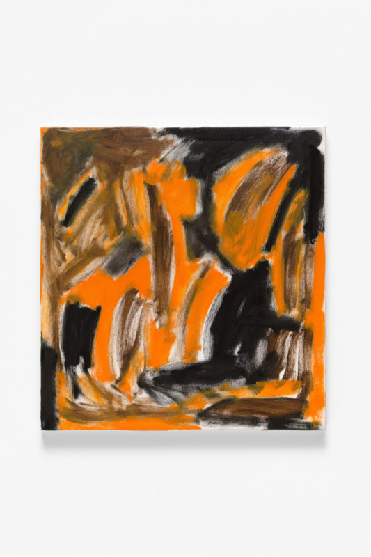 Eleanor Louise Butt 'Energetic orange, black, and brown' 2021 oil on cotton, framed 71 x 66 cm 