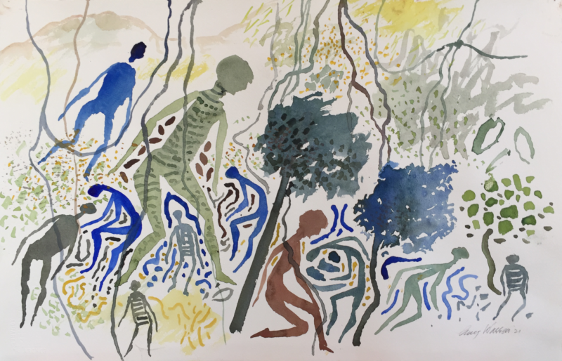 Guy Warren 'Forest with figures' 2021 watercolour, framed 38 x 58 cm