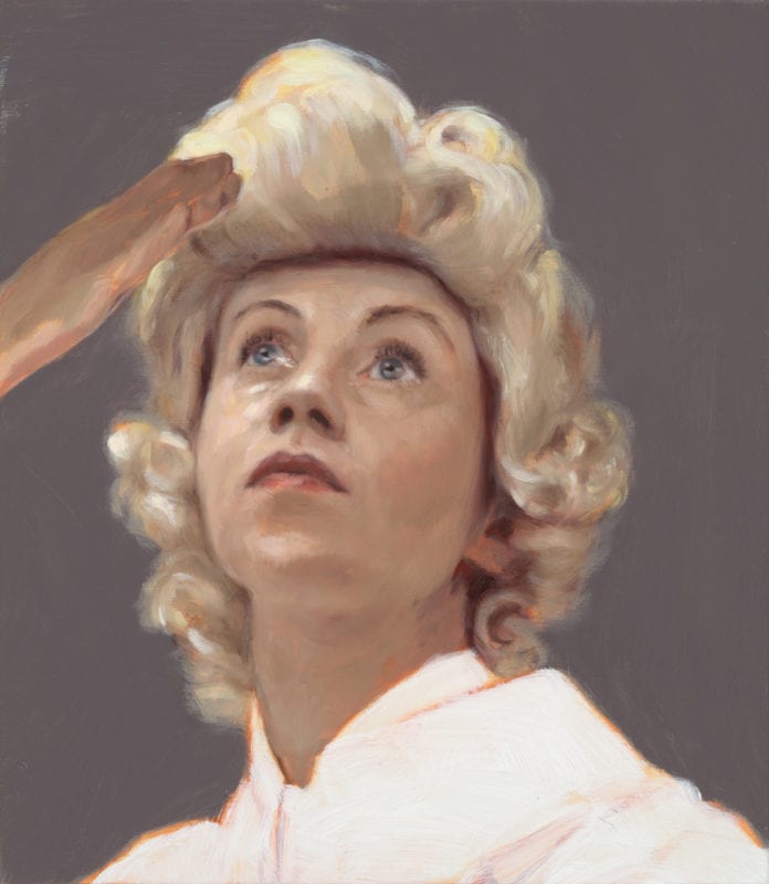 Celeste Chandler 'Fake Salute, Fake Blonde' 2018 oil on linen 40.6 x 35.5 cm