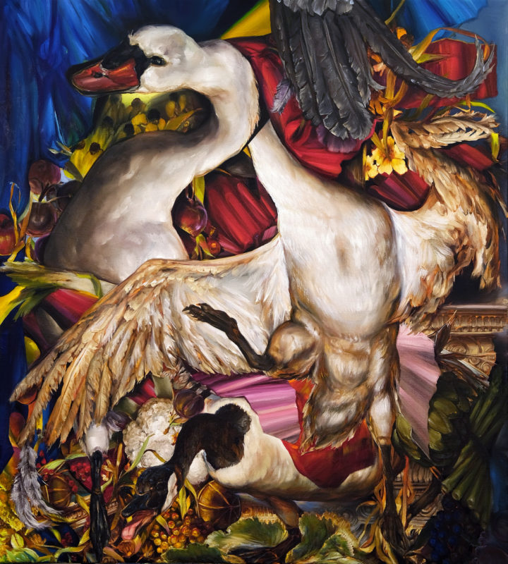 Karla Marchesi 'Raise the dead (duck, duck, goose)' 2021 oil on linen 100 x 90 cm $5,300