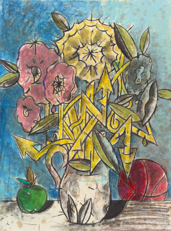 Rhys Lee 'Flowers, apple and basketball' 2021 unframed pastel and shellac on paper 76 x 56 cm