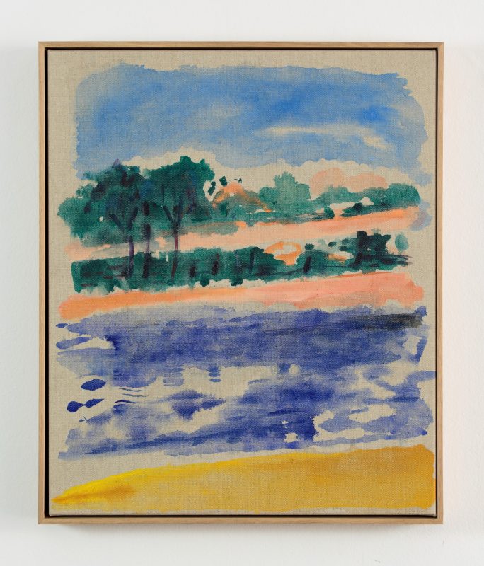 Betra Fraval 'Riverside play' 2026 synthetic polymer on linen, framed 60 x 50 cm $3,300