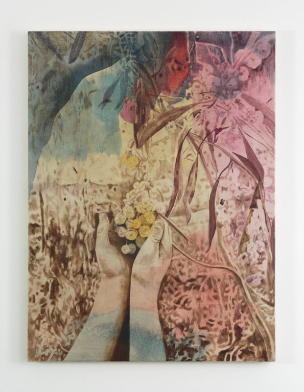 Kylie Banyard 'Touching wattle' 2022 oil and acrylic on eucalyptus dyed canvas 120 x 84 cm