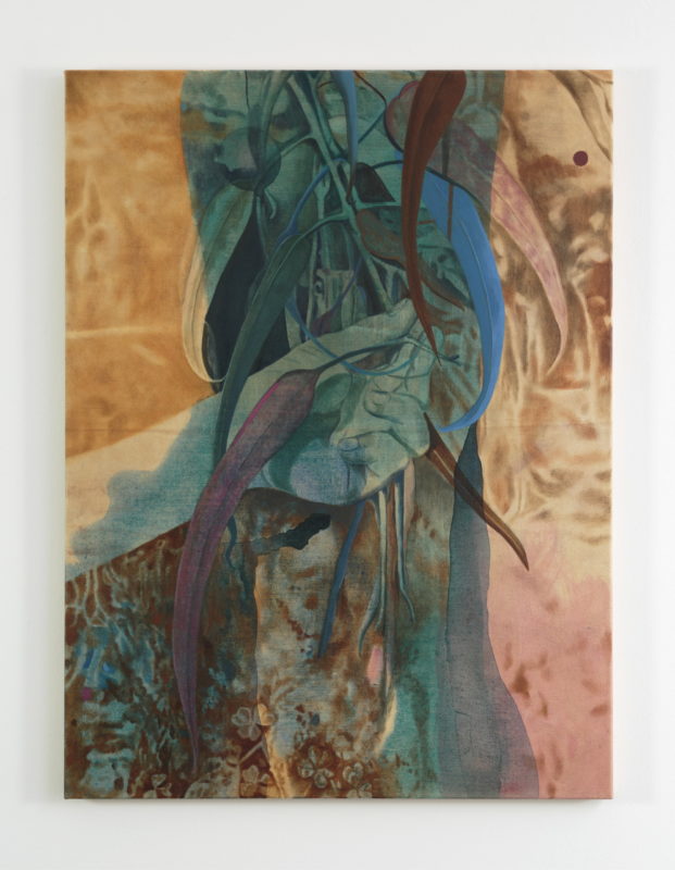 Kylie Banyard 'Touching silver princess 2' 2022 oil and acrylic on eucalyptus and beetroot dyed canvas 120 x 84 cm $4,400
