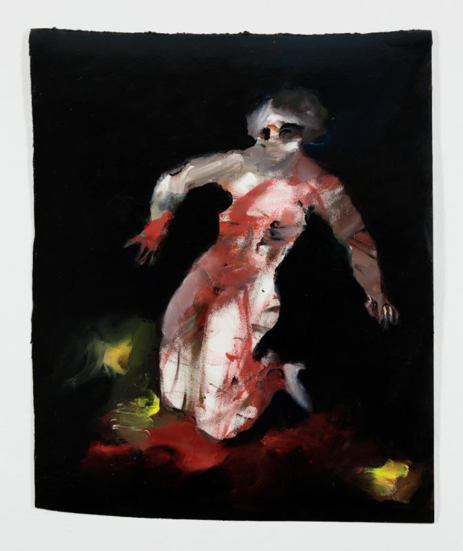 Gordon Shepherdson 'Kneeling figure in dark landscape no 2' 2001/2003 oil and enamel on paper, unframed 46 x 38 cm