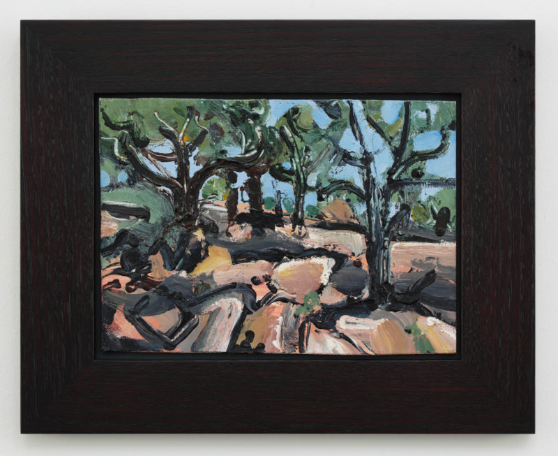 Peter Sharp 'Gidgee trees II, near Tibouburra' 1992 acrylic on board 22 x 30.5 cm