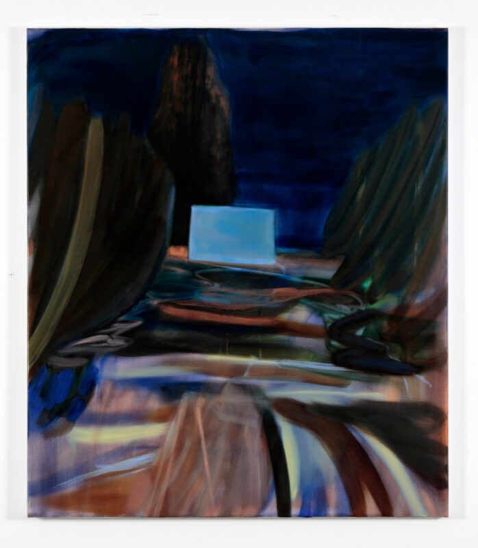 Elyss McCleary 'Screen interlude from the made up film festival' 2023 oil on linen 107 x 92 cm $4,000