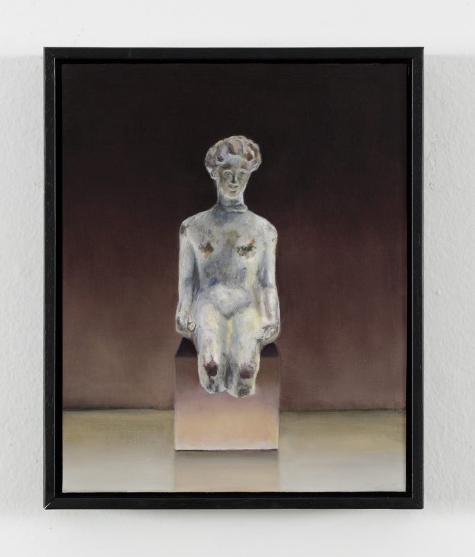 Kez Hughes 'Sightseer, after Votive fragment, Louvre Museum, Paris' 2024 oil on board 25.5 x 20.5 cm $1,900