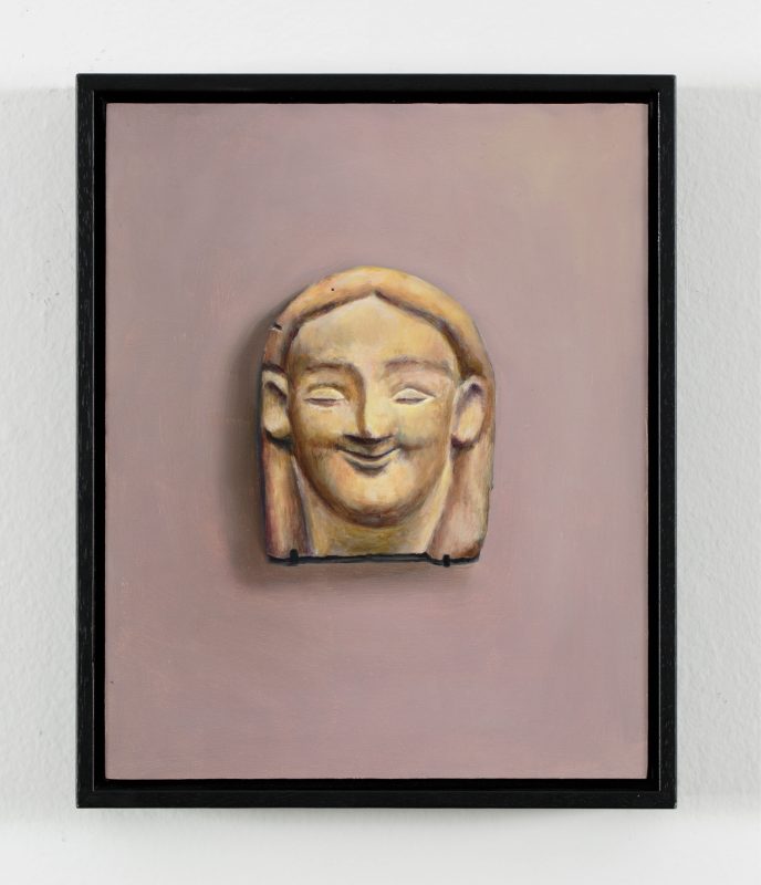 Kez Hughes 'Hey cutes, after Terracotta roof decoration, 550 BC, Louvre Museum, Paris' 2024 oil on board 25.5 x 20.5 cm $1,900