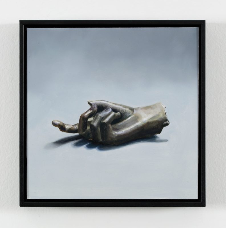 Kez Hughes 'Loss of direction, after Bronze hand recovered from Lower Thames Street, London, British Museum, London' 2024 oil on board 25 x 25 cm $1,900
