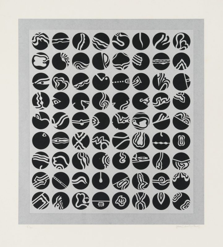 Alun Leach-Jones 'Black and silver, seventy two discs' 1968 screenprint, from edition of 20 52 x 47 cm $1,500