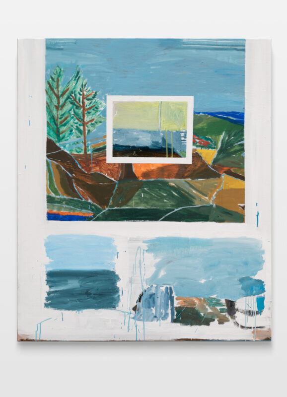 Sally Anderson 'Your view of BT's landscape and Augie's window washing sea' 2023 acrylic on polycotton 122 x 110 cm