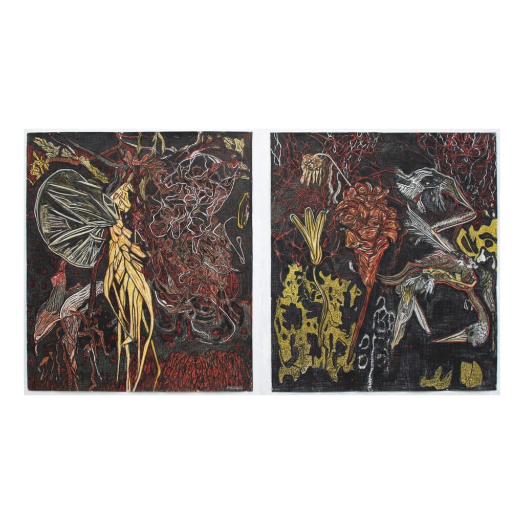 Archer_Suzanne_Vasculum and Exuviae-Custodian series diptych__160 x 290cm_ 10cm space between drawings_ink & chalk pastel_2020 copy