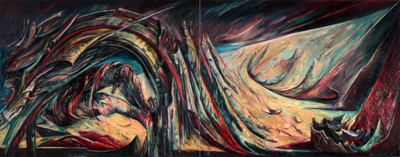 Wendy Stavrianos 'Mungo Lovers (The Rape of the Land)' 1986-87 Oil on canvas, bone 167 x 426 cm