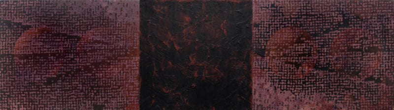Su Baker 'Screened Information' 2016 Oil and acrylic on canvas, three panels 40 x 142 cm $2,200
