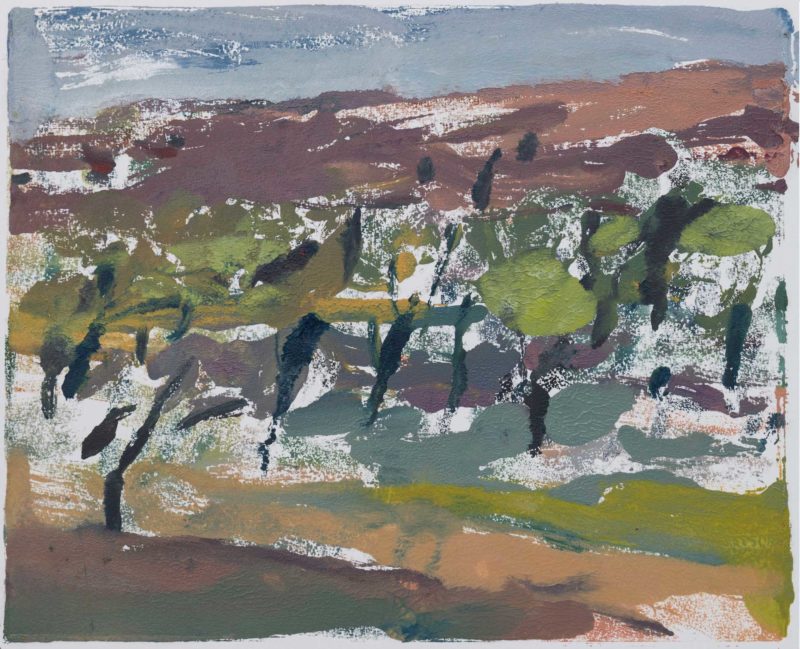 Nicole Kelly 'Fowlers Gap (Green)' 2022 oil monotype, framed 25 x 30.5 cm $2,200